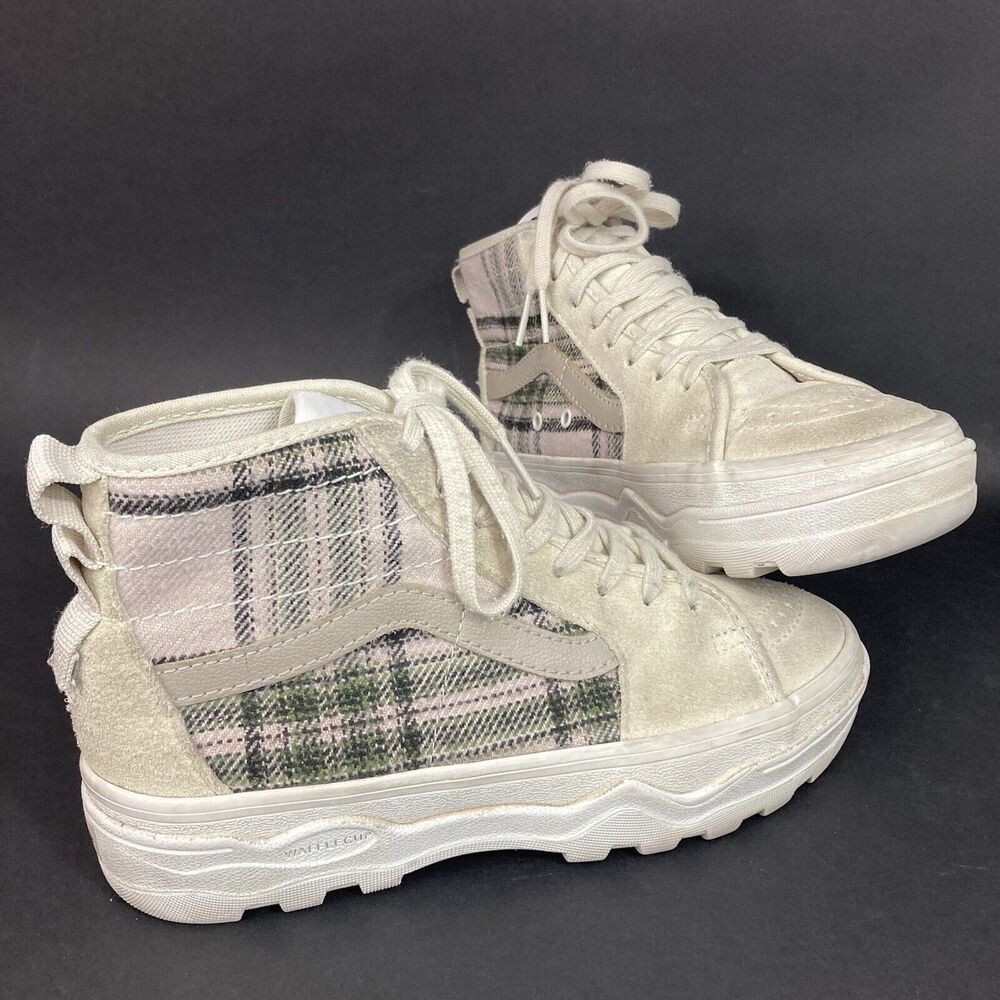 Vans Ultracush Sk8-Hi Sentry Turtledove Wafflecup-Women's Sz 5-Cream Suede/Plaid
